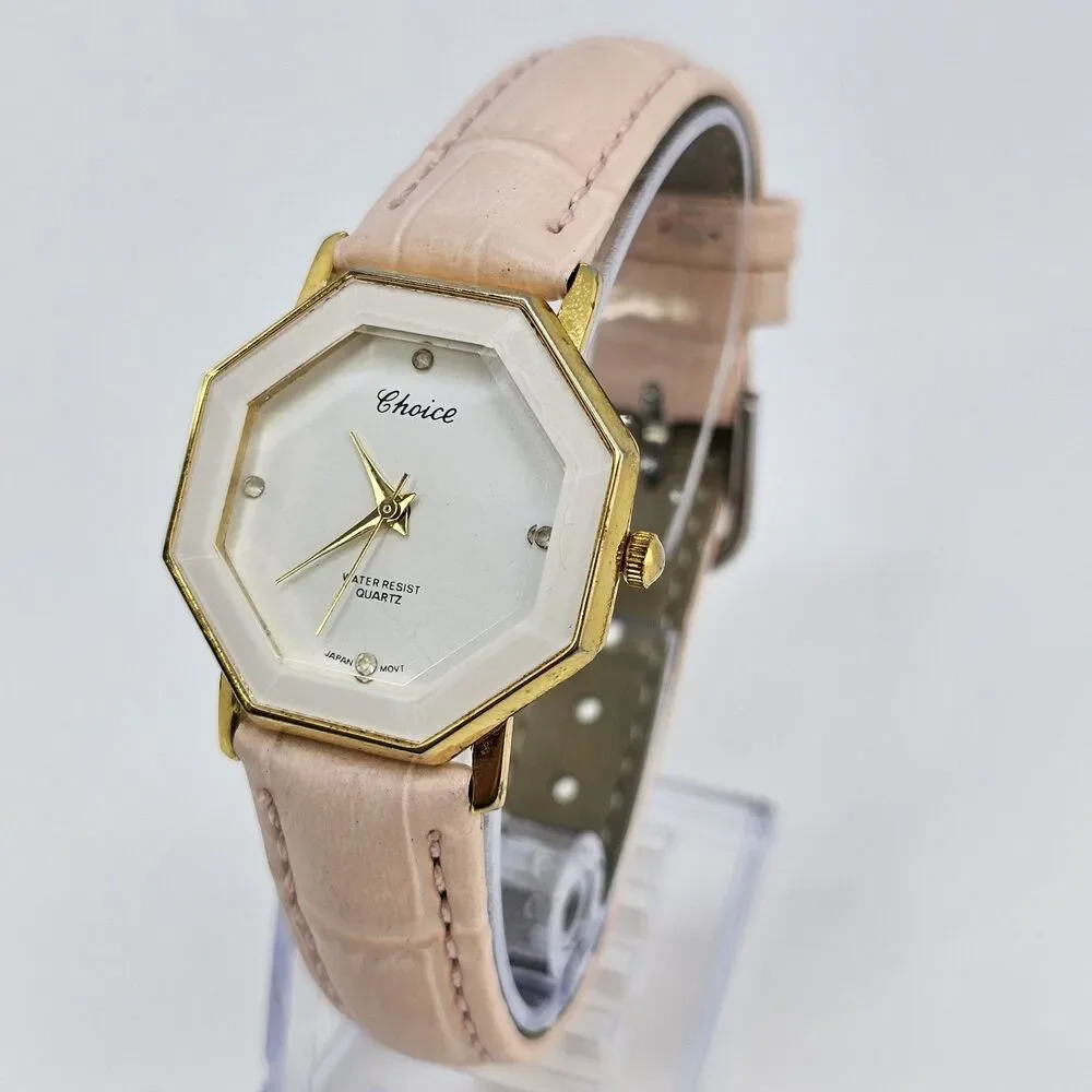 Choice Women's Octagon‎ Watch 30MM White Dial New Pink Leather Bands New Battery